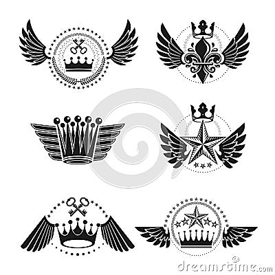 Imperial Crowns and Vintage Stars emblems set. Heraldic Coat of Arms. Vector Illustration