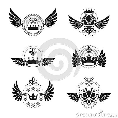 Imperial Crowns and Vintage Stars emblems set. Heraldic Coat of Arms. Vector Illustration