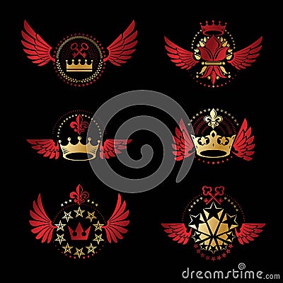 Imperial Crowns and Vintage Stars emblems set. Heraldic Coat of Vector Illustration