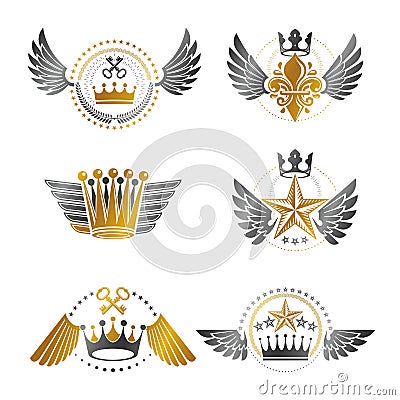 Imperial Crowns and Vintage Stars emblems set. Heraldic Coat of Vector Illustration