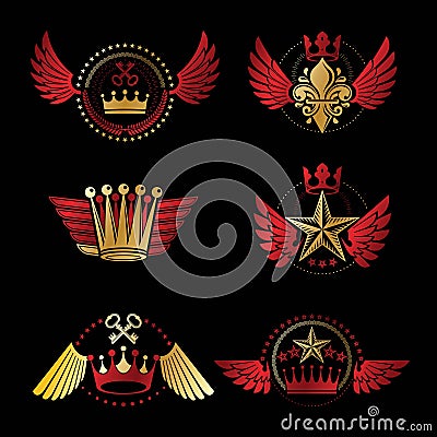 Imperial Crowns and Vintage Stars emblems set. Heraldic Coat of Vector Illustration