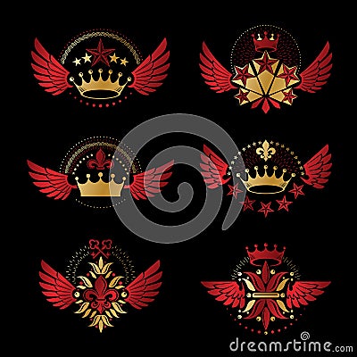 Imperial Crowns and Vintage Stars emblems set. Heraldic Coat of Vector Illustration