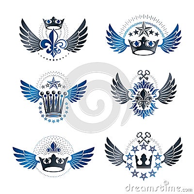Imperial Crowns and Vintage Stars emblems set. Heraldic Coat of Vector Illustration