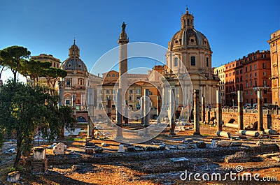 Imperial Forum and Trajan columns in Rome Stock Photo