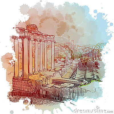 Imperial Forums with Colonnade of the Saturn`s temple on the front. Rome, Italy Cartoon Illustration