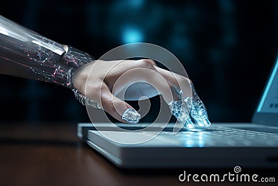 Impersonal Hand of robot touch. Coding monitor science Stock Photo