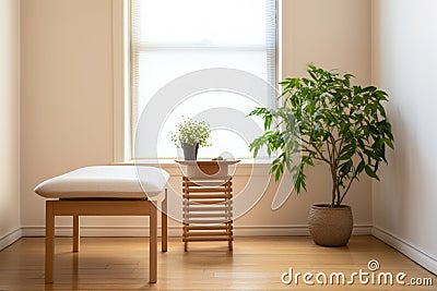 an impersonal therapy room with a plant, minimalist chair, and table Stock Photo