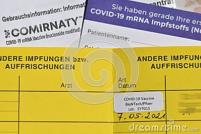 Vaccination pass and confirmation for corona vaccination with vaccine from Biontech Pfizer in Austria Editorial Stock Photo