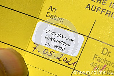 Vaccination pass and confirmation for corona vaccination with vaccine from Biontech Pfizer in Austria Editorial Stock Photo