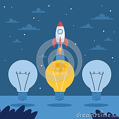 Implementation of the best of ideas. Launching rocket, space travel shuttle, different light bulb, right way to solve Vector Illustration