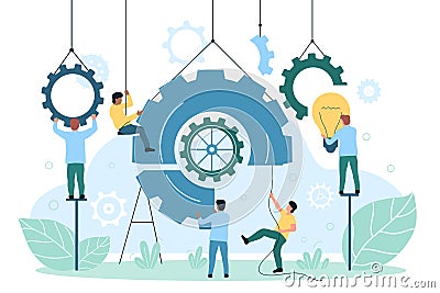 Implementation and integration of innovations into business process with tiny engineers Vector Illustration