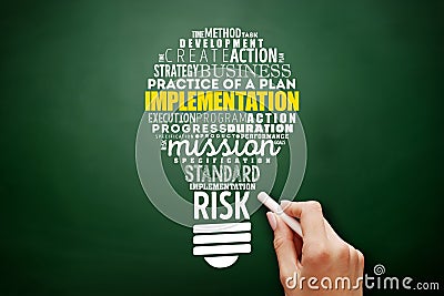 Implementation light bulb word cloud collage Stock Photo