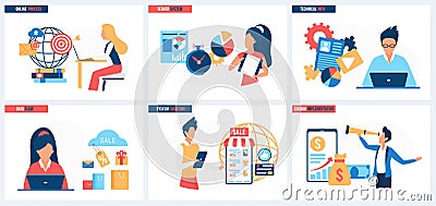 Implementation of system solutions, online processes and technical information support Vector Illustration