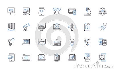 Implements and gear line icons collection. Axe, Chainsaw, Shovel, Hammer, Screwdriver, Pliers, Wrench vector and linear Vector Illustration