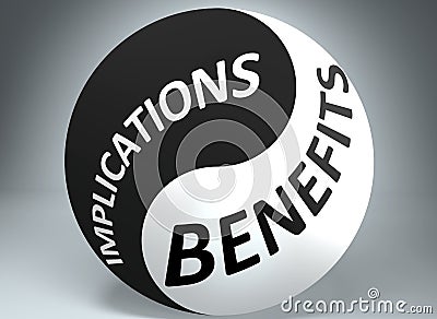 Implications and benefits in balance - pictured as words Implications, benefits and yin yang symbol, to show harmony between Cartoon Illustration