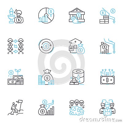 Import duties linear icons set. Tariffs, Taxes, Levies, Custom duties, Excise, Fees, Importation fees line vector and Vector Illustration