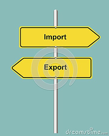 Import Export arrow shaped yellow road sign on turquoise background Stock Photo