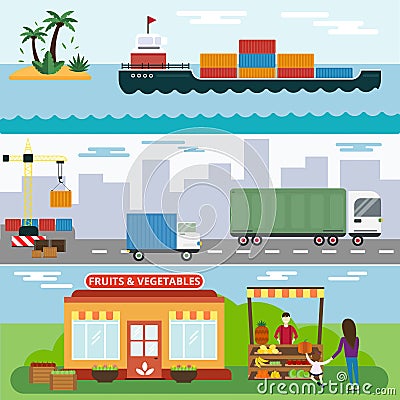 Import export fruits and vegetables delivery Vector Illustration