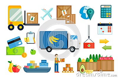 Import export fruits and vegetables delivery Vector Illustration