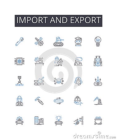 Import and export line icons collection. Sophisticated, Elite, Expert, Professional, Innovative, Cutting-edge, Superior Vector Illustration