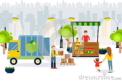 Import fruits icons, supplier brought tomatoes crates on van, vector illustration. Seller behind counter with vegetables Vector Illustration