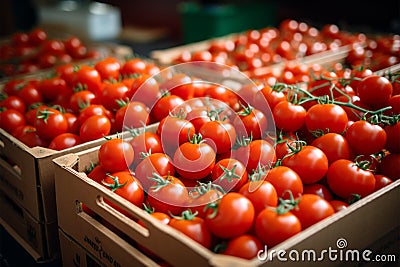 Import tomato delivery, boxed harvest of red tomatoes Stock Photo