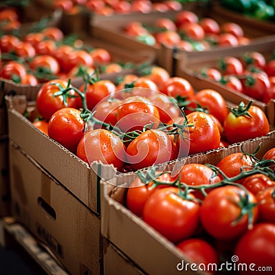 Import tomato delivery, boxed harvest of red tomatoes Stock Photo