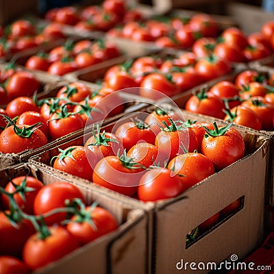 Import tomato delivery, boxed harvest of red tomatoes Stock Photo