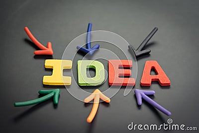 Important of business idea, creativity and thinking concept, colorful arrows pointing to the alphabet combine word IDEA Stock Photo