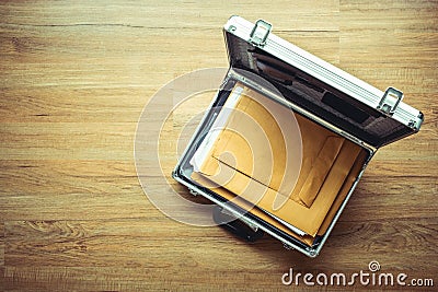 Important document paper in safety box metal on wood table.Business management.security concepts Stock Photo