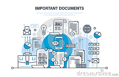 Important documents concept. Business documents, business accounts, working reporting files. Vector Illustration