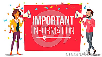 Important Information Attention Banner Vector. Businessman, Woman With Megaphone. Loudspeaker. Business Advertising Vector Illustration