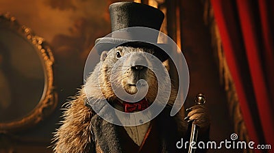 important marmot aristocrat wearing a top hat and holding a cane, event Groundhog Day, banner, poster Stock Photo