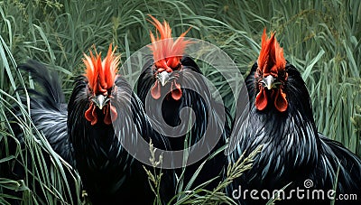 Imposing black roosters in the grass. AI generated Stock Photo