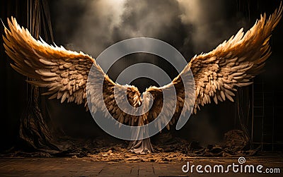 Imposing bronze angel wings open wide in a dramatic display set against a moody theatrical backdrop with a mystical foggy glow Stock Photo