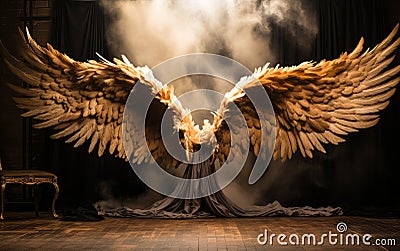 Imposing bronze angel wings open wide in a dramatic display set against a moody theatrical backdrop with a mystical foggy glow Stock Photo