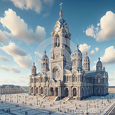 Imposing cathedral with twin bell towers and ornate facade, surrounded by a bustling square Stock Photo