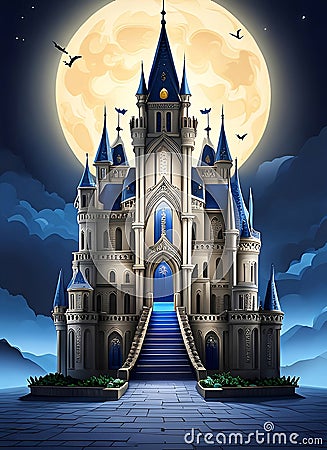 Imposing and ornate fantasy castle, carved in sapphire stone, tall building, huge stone castle, moonlight Stock Photo