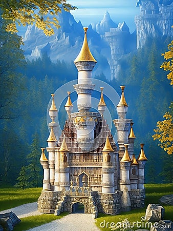 Imposing and ornate fantasy castle, carved in sapphire stone, tall building, huge stone castle, autumn castle Stock Photo