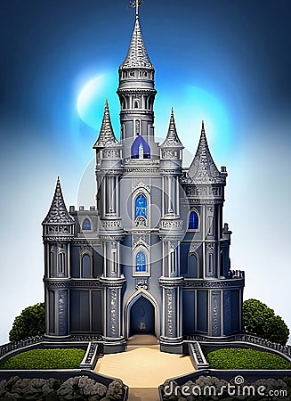 Imposing and ornate fantasy castle, carved in sapphire stone, tall building, huge stone castle, moonlight Stock Photo