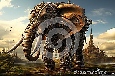 Imposing Steampunk elephant steam. Generate Ai Stock Photo