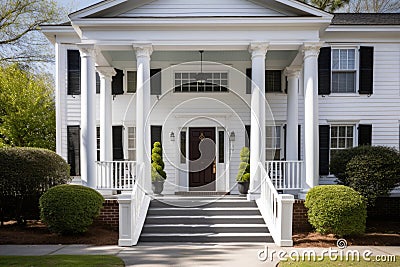 imposing white columns supporting a porch with a central front door Stock Photo