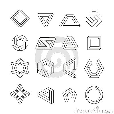 Impossible figures. Abstract geometric linear shapes, infinite optical illusion objects, 3D cube triangle and hexagonal Vector Illustration