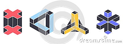 Impossible geometric shapes. Optical illusion, unreal abstract elements, visual delusion geometric figures flat vector Vector Illustration