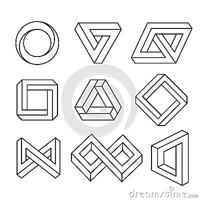 Impossible signs set outline. Linear infinite shapes. Impossible geometric figures. Optical illusion. Triangle, Infinity Vector Illustration