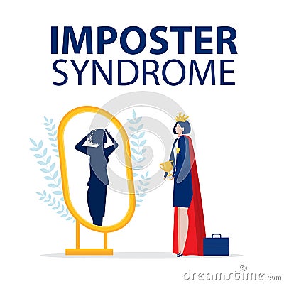 Imposter syndrome.business woman get award standing with mirror and seeing themselves as shadow behind. Anxiety and lack of self Vector Illustration