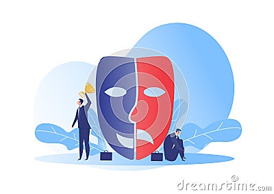 Imposter syndrome.man standing for her present profile with fear shadow behind. Anxiety and lack of self confidence at work the Vector Illustration