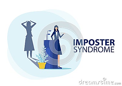 Imposter syndrome.woman standing for her present profile with fear shadow behind. Anxiety and lack of self confidence at work ,the Vector Illustration