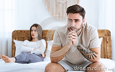 Impotence concept. Sad man presses hands to his chin and ponders Stock Photo