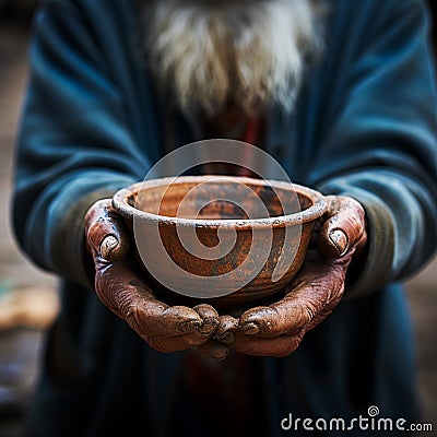 Impoverished elderly hands hold empty bowl, selective focus reveals hungers impact Stock Photo